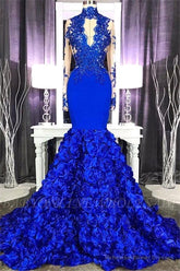 Chic Royal Blue Keyhole Flowers Train High neck Mermaid Prom Party Gowns